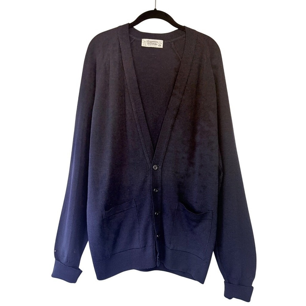 Vtg TEKAU Mens Pure New Wool V-Neck Cardigan Sweater Navy Blue L Grandpacore